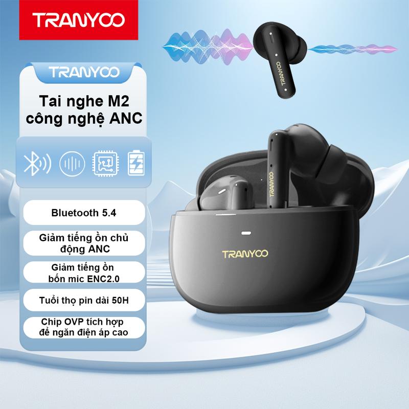 Tai Nghe Bluetooth 5.4 ANC Và ENC Công Nghệ TRANYOO T-M2 Thế Hệ Mới Chống Ồn Kháng Nước IPX5 Chức Năng Nghe Gọi Chơi Game Thời Lượng Pin Lên Đến 7 Giờ -  Bảo Hành Chính Hãng Nhét Tai Nghe Nhạc Earphone di động trong tai tai  nghe
