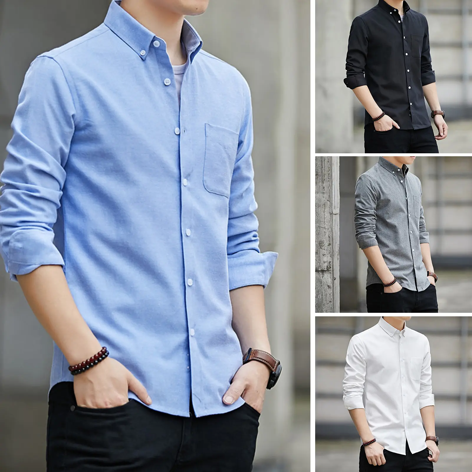 Men Shirt Long Sleeve Solid Color Button Single-breasted Cardigan Dress-up Lapel Casual Men Spring Shirt for Work