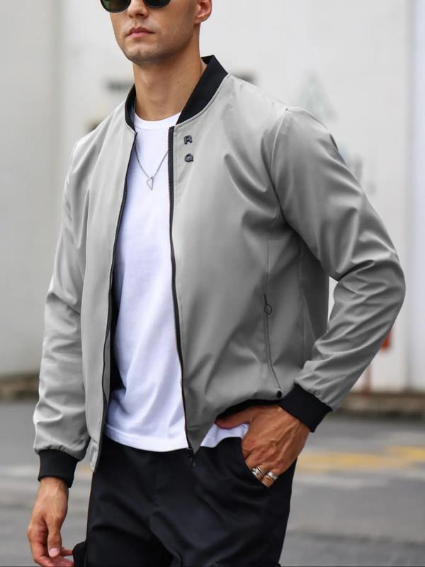 Men's Letter Design Pocket Contrast Binding Zip Up Bomber Jacket, Regular Fit Casual Long Sleeve Mock Neck Zip Front Outerwear For Spring & Fall, Men's Clothes For Daily Wear 1