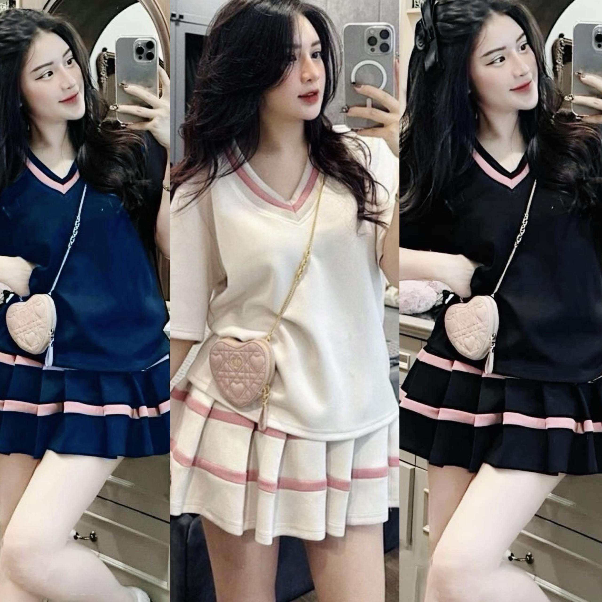 Set Váy Viền Sọc Cổ Tim Nữ 45 - 95kg Dễ Thương Cho các nàng Thun Women Áo Top - B.1324