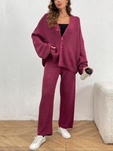 Two-Piece Set Women's Solid Button Front Cardigan & Straight Leg Pants Set, Casual Batwing Sleeve V Neck Knitwear Set for Spring & Fall, Fashion Women's Two-Piece Outfits for Daily Wear