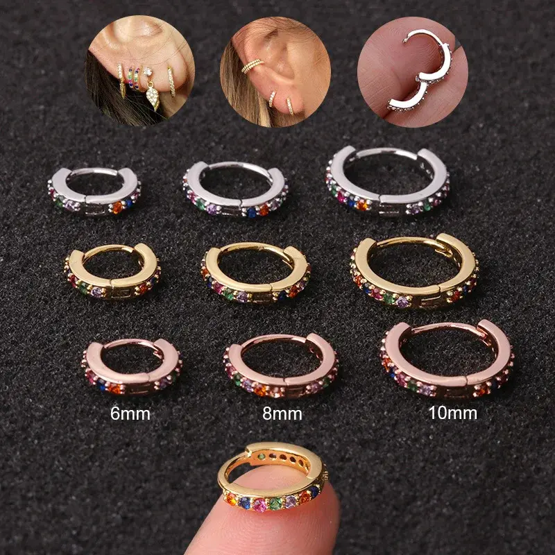 2Pcs 5-12mm Multicolor Cz Small Huggies Hoop Earrings For Women /Girls Ear Cartilage Tragus Helix Piercing Tiny Rings Jewelry