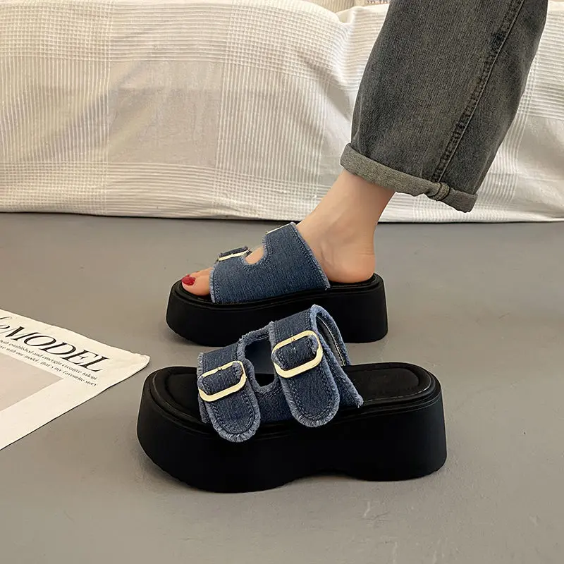 Dép Đế Xuồng Cho Nữ, Hàng Mới Về 2024, Dép Denim Nâng Cao, Phong Cách Thể Thao, Thiết Kế La Mã, Giày Thoáng Khí, Hàng Châu Âu, Hợp Xu hướng DéP Shoes