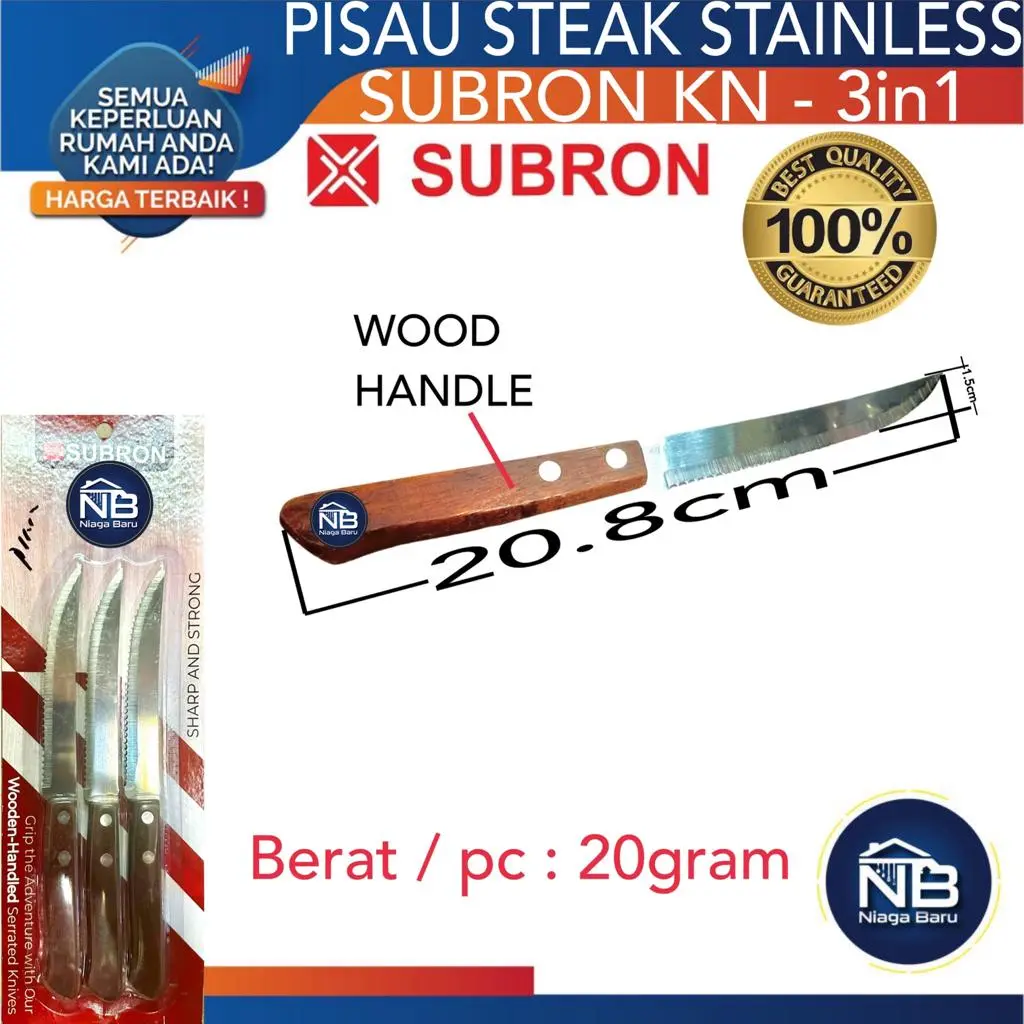 SUBRON 3Pcs Pisau Makan Steak Handle Kayu Stainless Steel Hotel