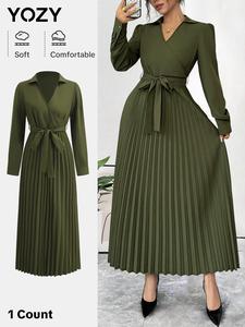 YOZY Women's Solid Belted Wrap Pleated Dress, Elegant Long Sleeve A Line Dress for Party Holiday Wedding Guest, Ladies Clothes for All Seasons