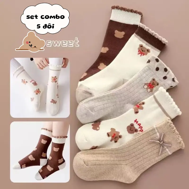 Set 5 Đôi Tất Trẻ Em Cổ Cao Vải Mềm Mịn, Set 5 Đôi Vớ Họa Tiết Dễ Thương (T29) 0