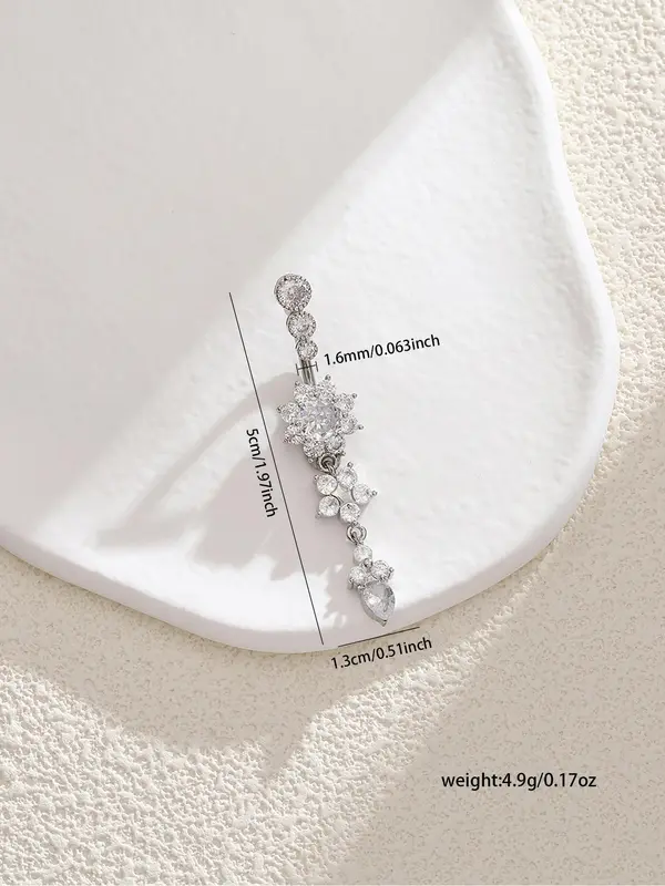 Women's Rhinestone Flowers Decor Belly Ring, Rhinestone Decorated Belly Button Ring, Elegant Flower Design Belly Piercing For Women 1