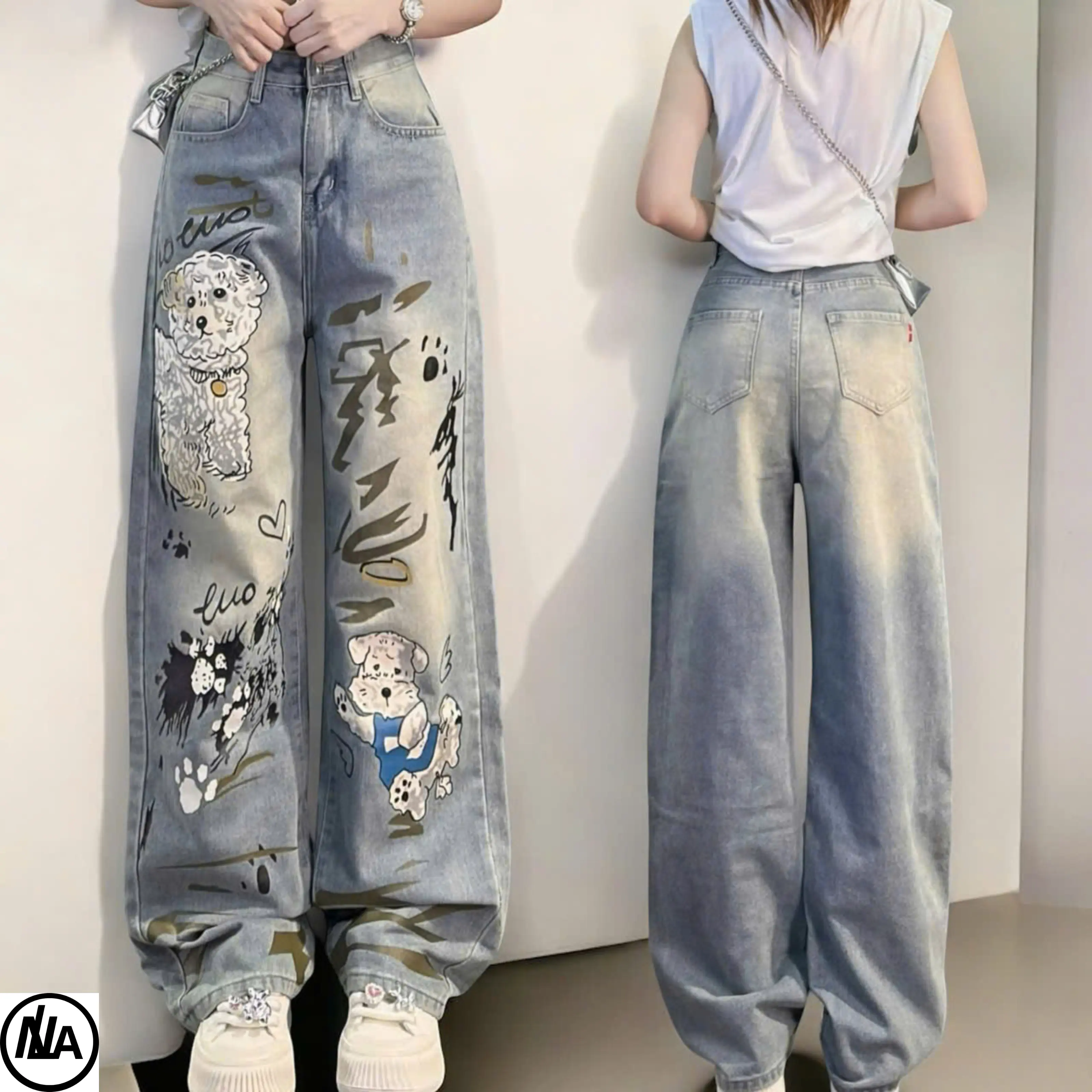 Quần jean nữ suông in hình kiểu chất liệu jean cotton cao cấp (181) - Thương hiệu uy tín - Women, Pants Denim