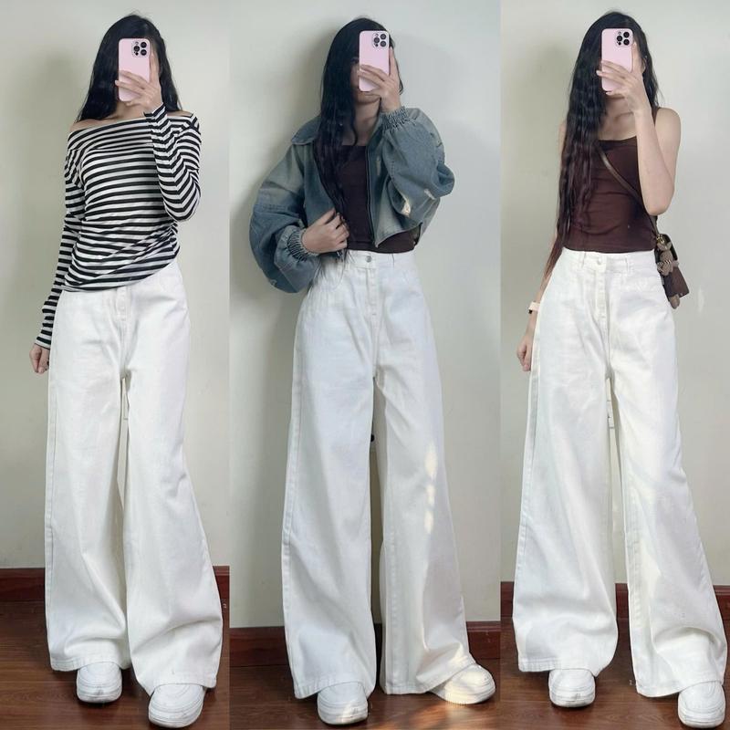 Quần jean ống rộng loe màu retro mài chất jean mềm Women - 7613/6222 2
