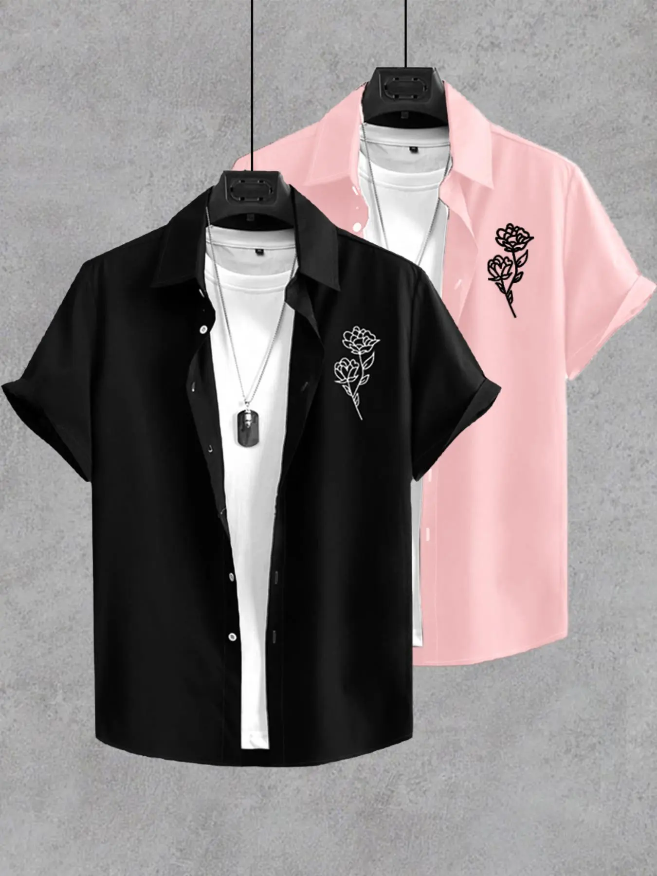 Men's Rose Print Short Sleeve Shirt, Regular Fit Casual Graphic Top for Spring & Fall, Men's Clothes for Daily Wear