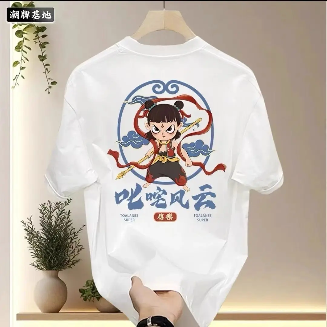 2025 New Summer National Trend Personality Versatile Loose Casual Trend Nezha Print Men's Round Neck Short Sleeve T-Shirt