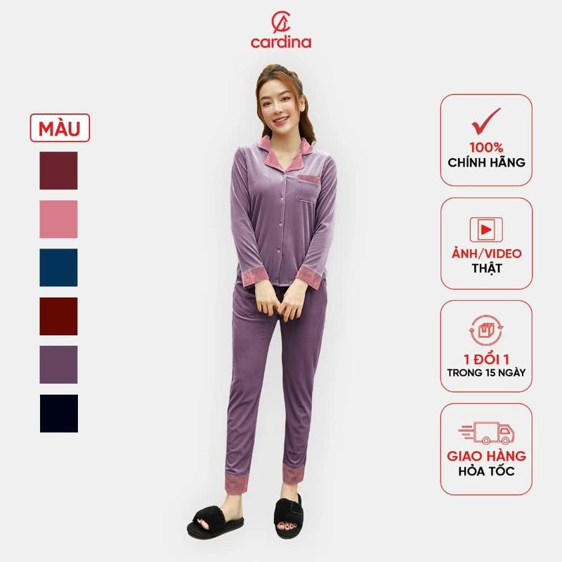 Đồ Bộ Nữ Pijama Chất Nhung Tăm Cao Cấp Áo Dài Tay Phối Cổ Quần Dài Kiểu Dáng Sang Trọng 1Pi19 Kaki Áo Ngủ