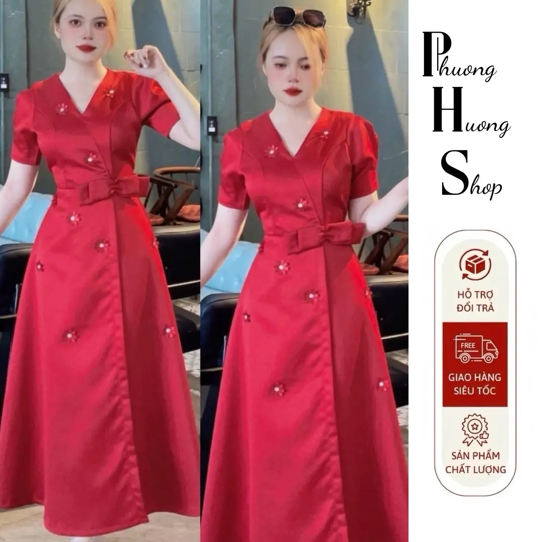 Đầm H3 cổ V dáng xoè tà đắp chéo 2 lớp dự tiệc sang trọng