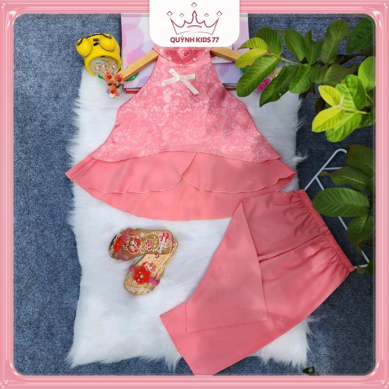 8 - 30kg Áo yếm vải gấm hoa kèm quần dài lụa mát mẻ bé cao 1,37m trở lại