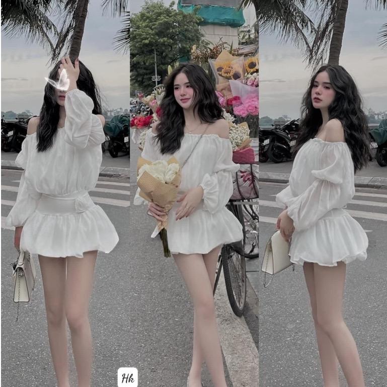 Jum váy Voan Tơ Trễ Vai Liền Quần Tay Bồng Tặng Kèm Hoa Cài siêu xinh J.179