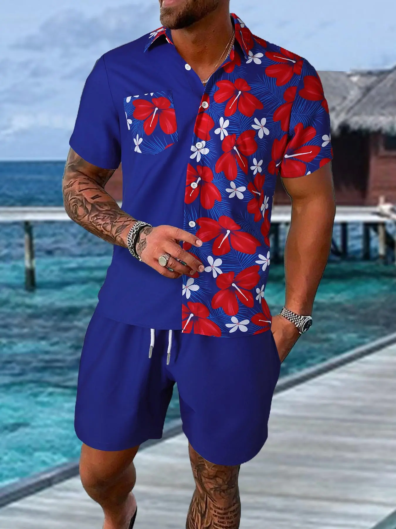 Men's Floral Print Shirt & Shorts Set, Regular Fit Casual Short Sleeve Button Down Shirt & Shorts, Men's Summer for Beach Vacation