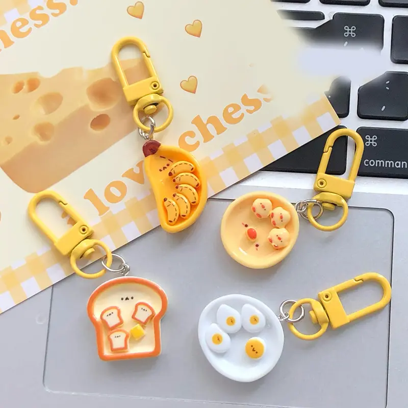 [QQQ]Cute Cartoon Poached Egg Banana Toast Keychain Creative Breakfast Food Keyring Backpack Decoration Bags Pendant