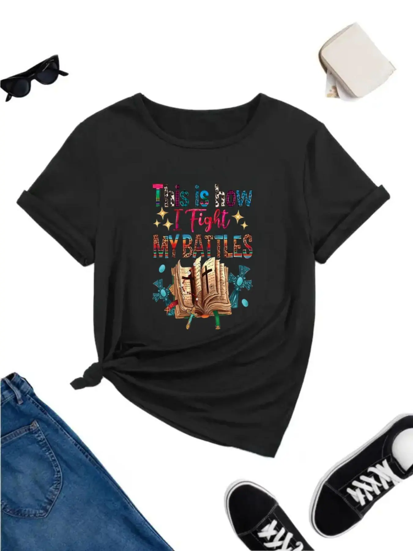 Women's Book & Letter Print Round Neck Tee, Casual Short Sleeve Crew Neck T-shirt for Summer, Fashion Women's Top for Daily Wear