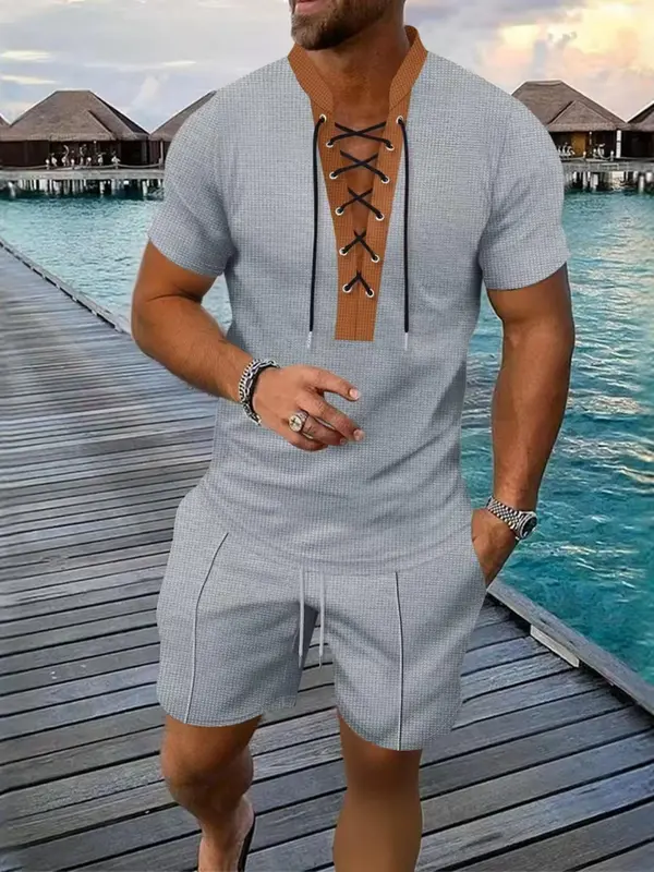Two-Piece Set Men's Solid Color Waffle Knit Utility Shirt & Shorts, Casual Short Sleeve Collared Top & Shorts for Summer, Men's Clothes for Beach Vacation, Menswear 7