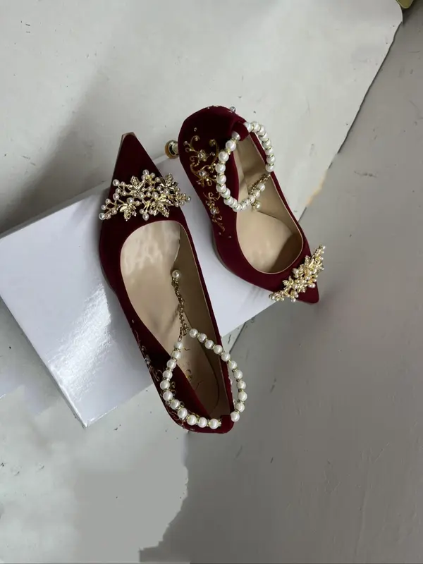 Women's Fashionable Rhinestone & Faux Pearl Decorated Spool Heel & Low Heel Shoes, Elegant Pointed Toe Heel Shoes for Party, Daily Clothing Decor for Women & Girls 2