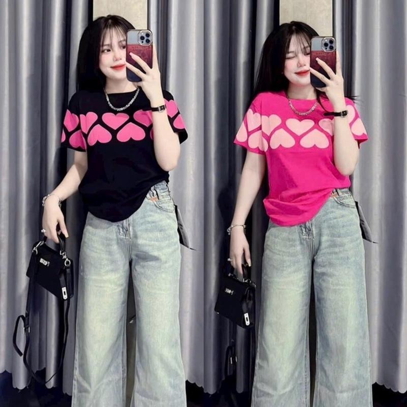[Trái tim] Áo Thun Nữ From Ôm Vừa Hình In Ép Nhiệt Trái Tim Xinh hotrend ,Cổ Tròn ,Tay Ngắn ,Vải Borip Co Giản 4 Chiều