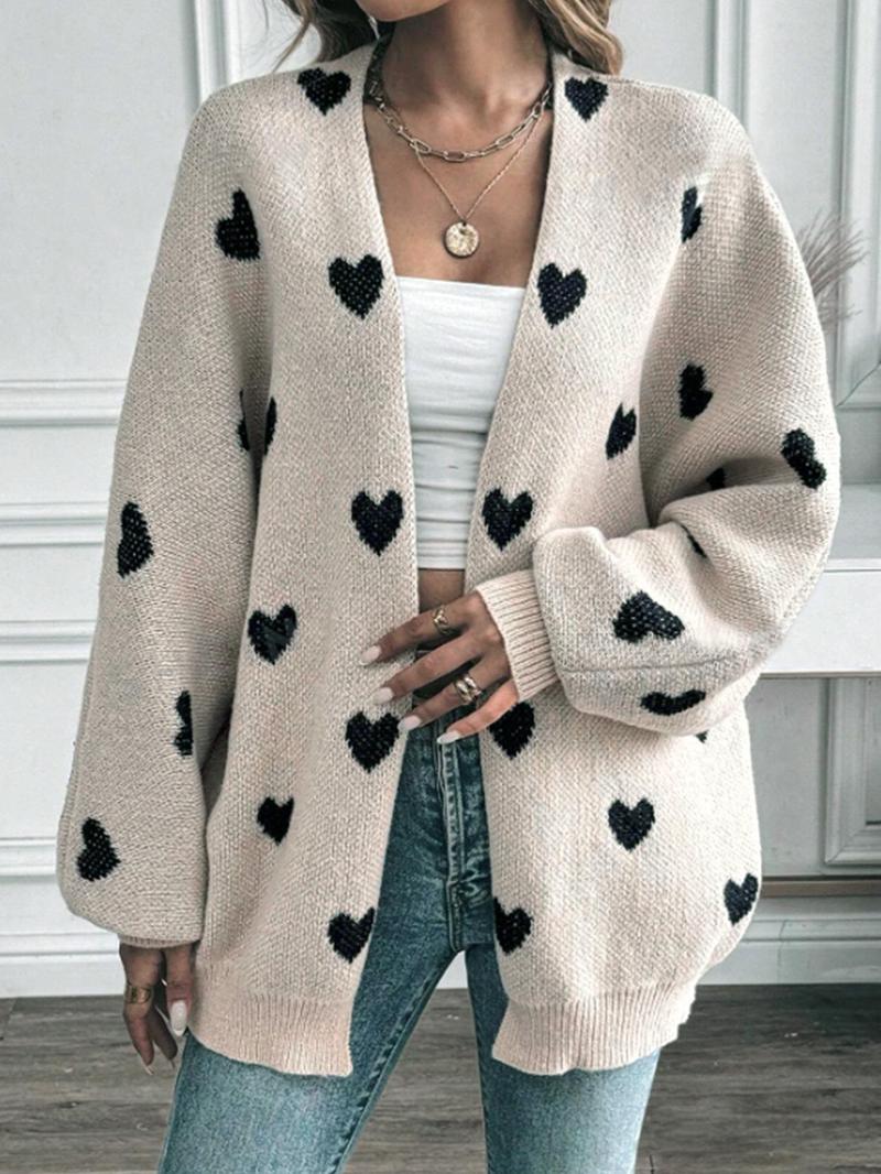 Product Introduction of Women's Heart Print Bishop Sleeve Cardigan, Valentine's Day Casual Long Sleeve Open Front Knitwear for Spring & Fall,  Cardigans for Women, Fashion Women's Knit Clothing for Daily Wear, Gift 3