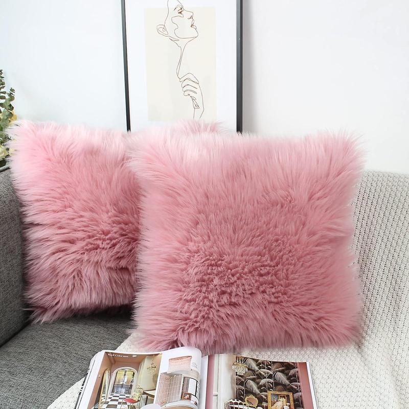 TikTok Shop Blush Pink Cushion Covers Pack of 2 Fluffy Soft Faux Fur Square Pillowcases Decorative Fuzzy Pillow Covers Case 40cm x 40cm for Sofa Bed Living Room