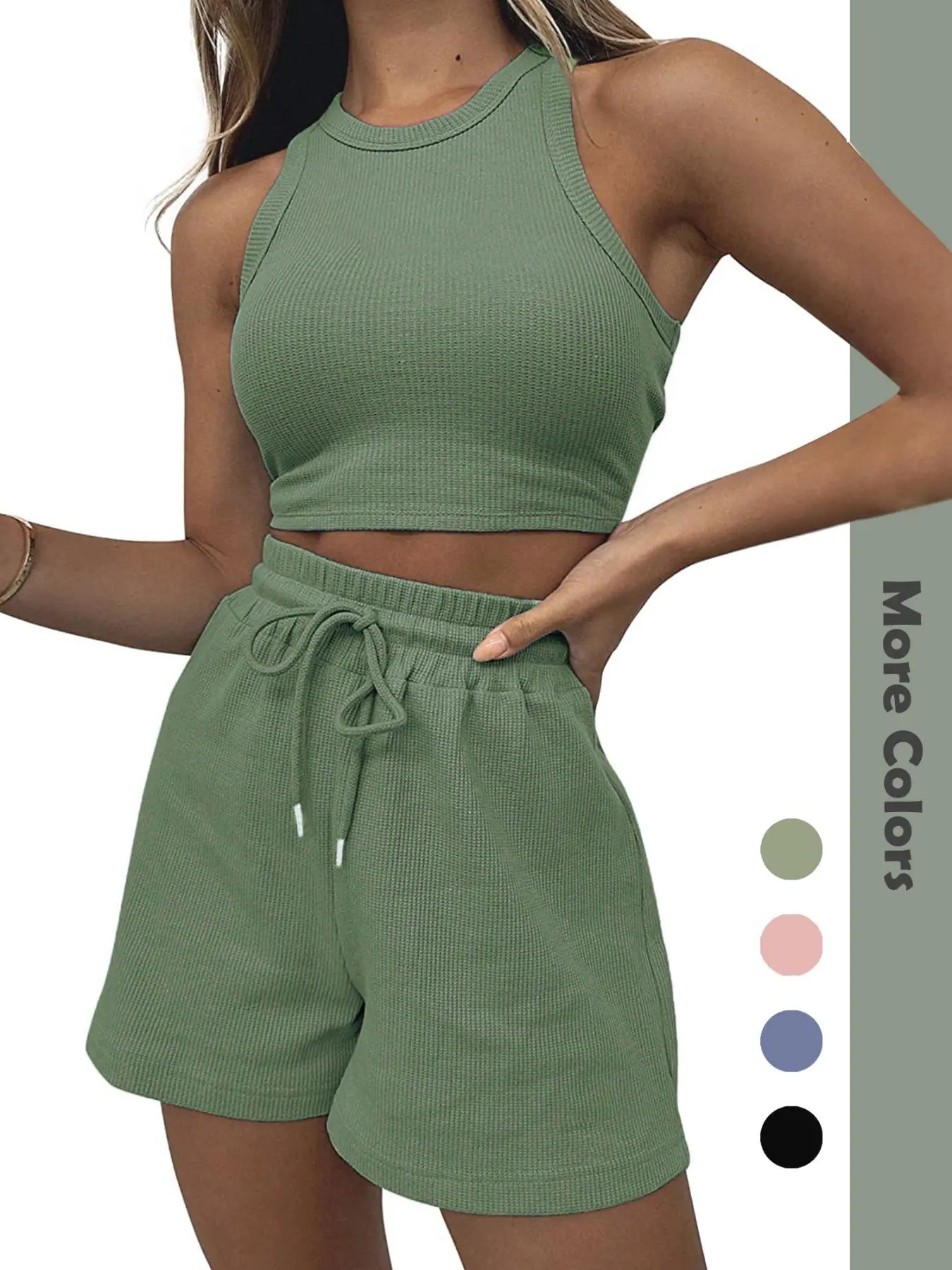 Two-Piece Set Women's Solid Round Neck Crop Tank Top & Drawstring Waist Shorts Pyjama Set, Summer Clothes Women Sleeveless Top & Pocket Shorts Pj Set, Summer Outfits 2024