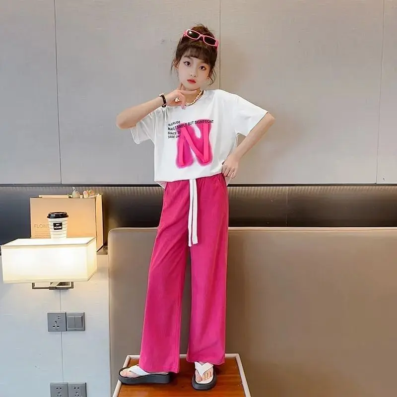 Bộ Đồ Mùa Hè Cho Bé Gái, Thời Trang Trẻ Em Mới, ngắn Tay, Cỡ Trung Bình Và Lớn, Bộ Đồ Hai Mảnh, Phong Cách Thường Ngày Quần Ống Rộng, Bán Chạy Trên Internet, Thời Trang 3