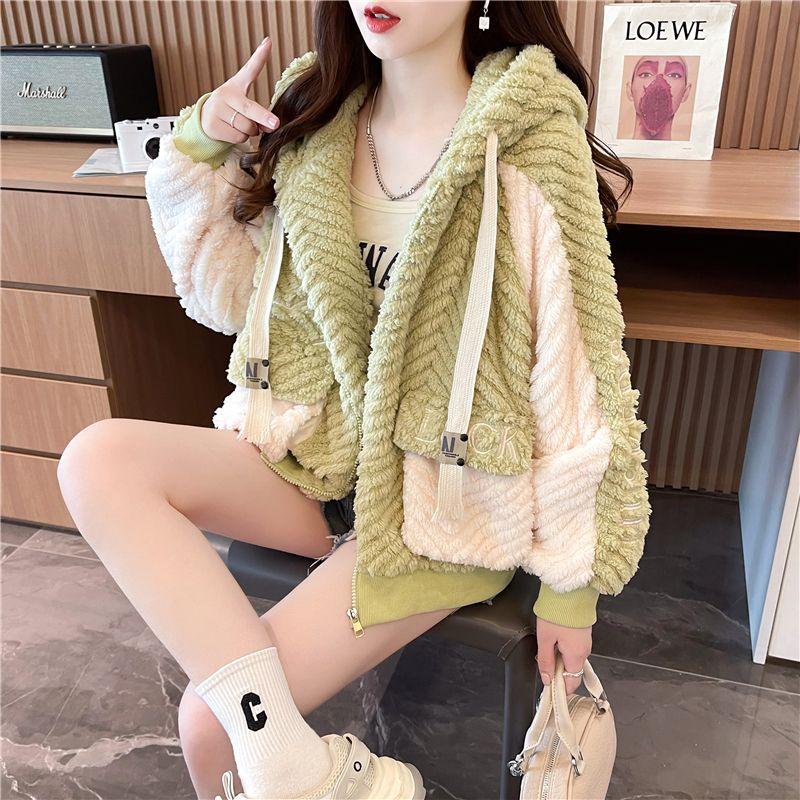 Áo Len Có Mũ Cho Nữ, Phong Cách Hàn Quốc Mới Mùa Thu Và Mùa Đông, Dáng Rộng Vừa Vặn, Màu Tương Phản Lót Lông Cừu, Da Cừu Dày, Áo Khoác Cardigan Nhỏ Thời Trang