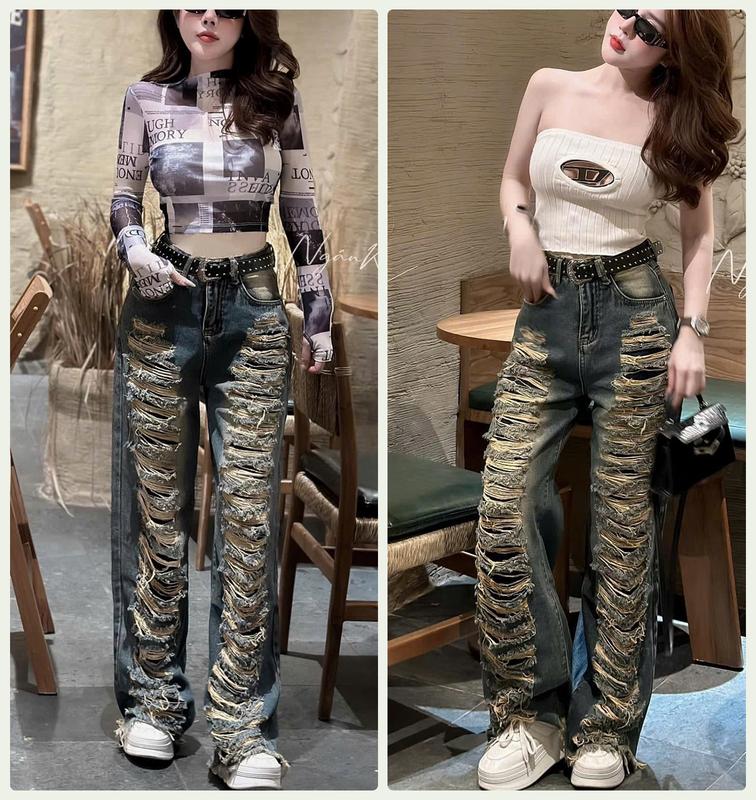  QUẦN JEAN ỐNG RỘNG NỮ LƯNG CAO RÁCH CÀO TE TUA HAI MẶT TRƯỚC QUẦN MÀU XANH ĐẬM PHỦ BỤI VÀNG PHÁ CÁCH 