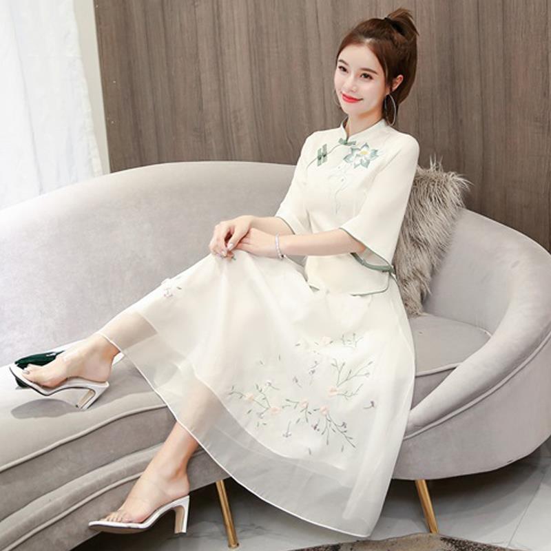 2024 New Chinese Style Women's Clothing Improved Adult Women's Han Chinese Clothing Autumn Ancient Costume Cheongsam Slim Fit Dress Two-Piece Set 1