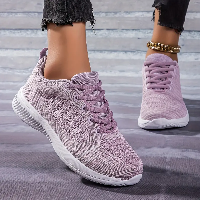 Women's Breathable Running Trainers, Solid Color Lace Up Low Top Sneakers, Casual Lightweight Walking Sports Shoes 8