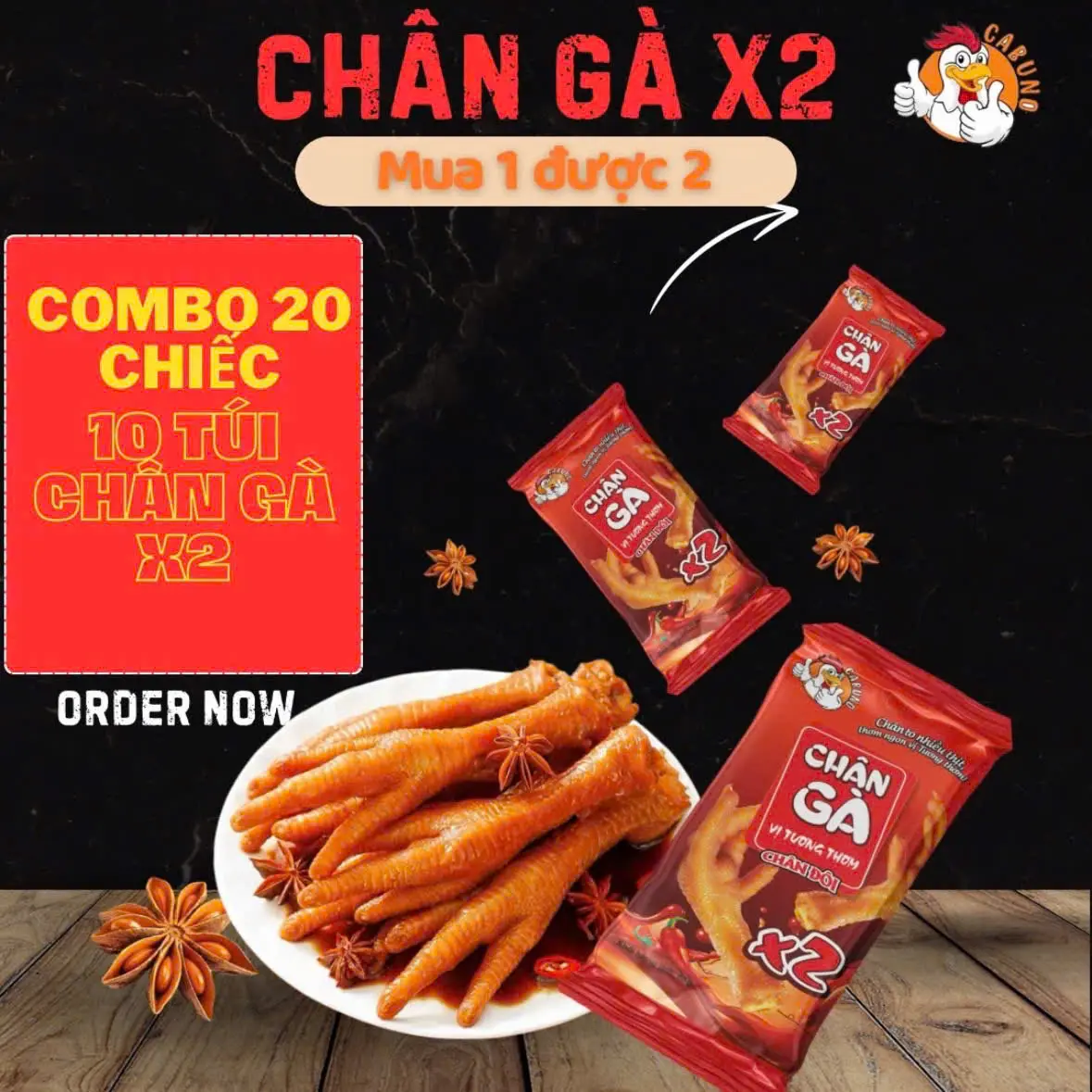COMBO 20 chiếc 10 gói chân gà X2, CHÂN GÀ ĐÔI vị tương thơm Cabuno