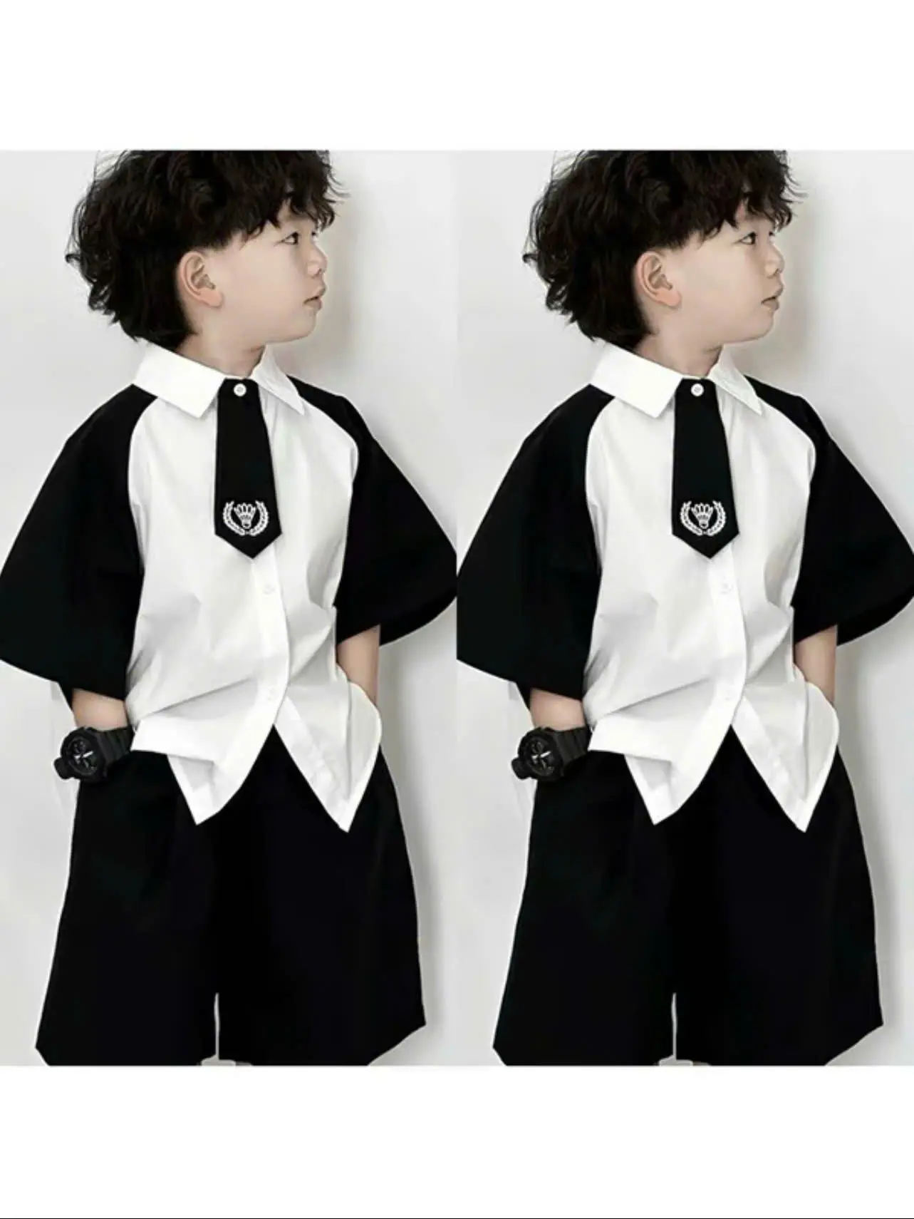 Set áo sơ mi kèm cà vạt bé trai áo sơ mi tay đen phối quần có dây đeo thời thượng, phong cách----MÃ CÀ VẠT