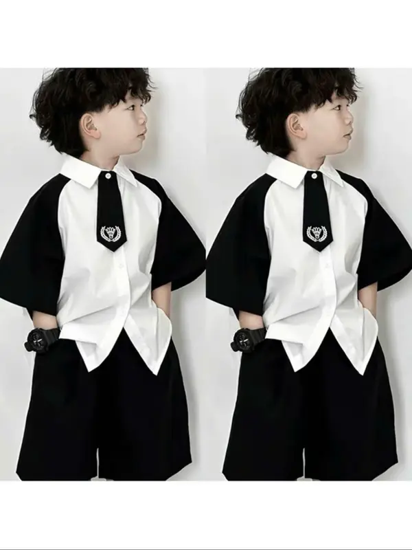 Set áo sơ mi kèm cà vạt bé trai áo sơ mi tay đen phối quần có dây đeo thời thượng, phong cách----MÃ CÀ VẠT 0