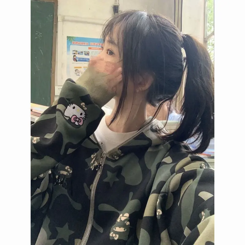 Áo Hoodie In Hình Hello Kitty, Phong Cách Mỹ, Dáng Rộng Vừa Vặn, Dành Cho Nữ Và Học Sinh, Dễ Phối Đồ, Thích Hợp Cho Mùa Khai Trương, Áo Cardigan Cặp Đôi, Áo Khoác Có Dây Kéo, Tuyệt Vời Làm Quà Tặng 2