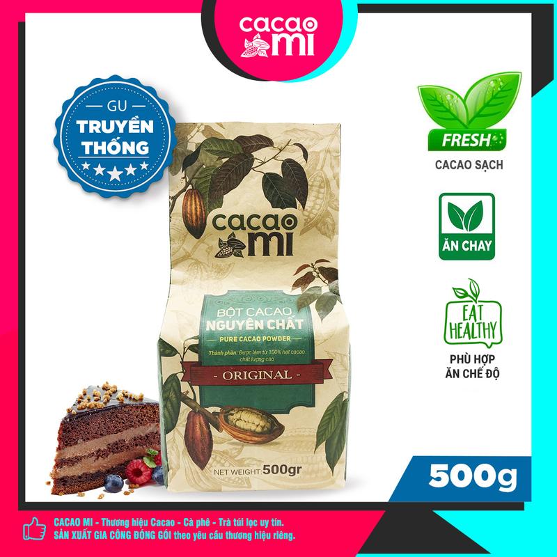 Bột cacao nguyên chất không đường CacaoMi original gu truyền thống 8-11% bơ cacao chuyên pha chế đồ uống Sô Cô La cho quán Cafe làm bánh kẹo làm chocolate Snack Food Ăn Vặt Socola gói 500g