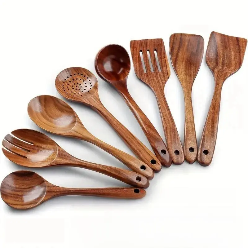 Wooden Kitchen Utensils Set, 8 Counts/set Wooden Spoon & Spatula Set, Kitchen Utensils Set for Non-stick Pan, Kitchen Accessories, Kitchen Gadgets