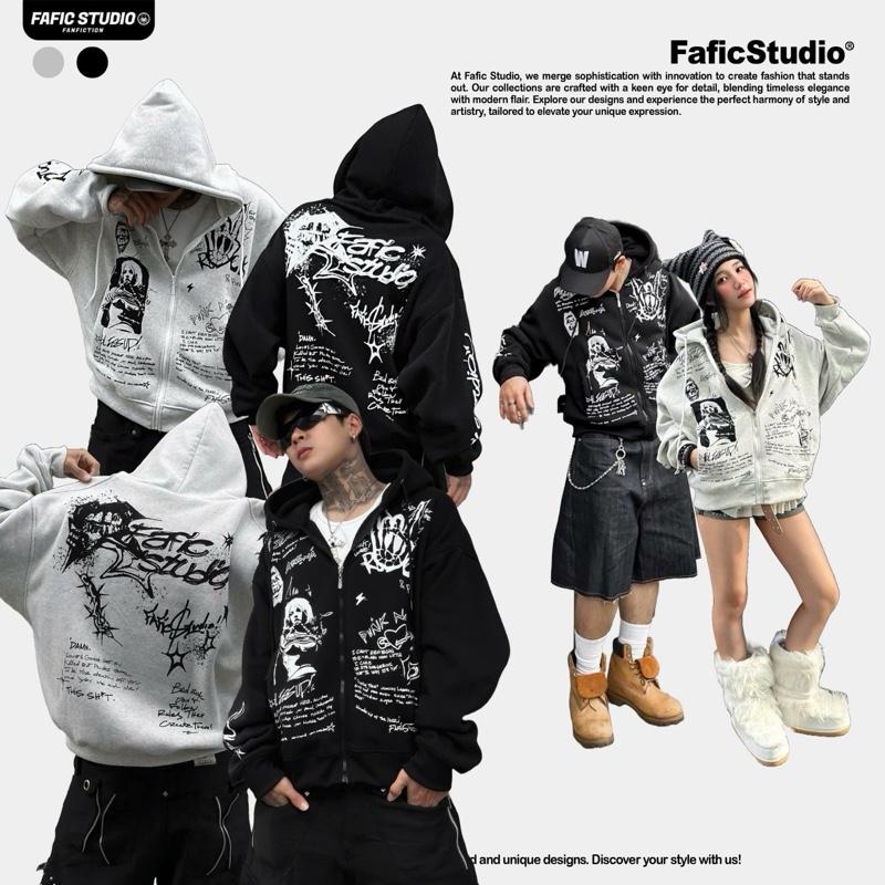 Áo khoác zip dây kéo nỉ Bông ROCK thêu khoác Jacket FAFIC studio 400gsm nữ Menswear - Hoodie Tay Dài