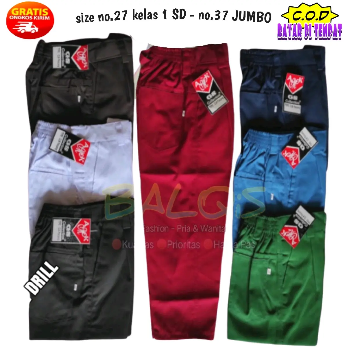 AMK AmeL Celana Panjang SD Pinggang Karet Seragam Sekolah Terbaik Berkualitas Rapih Slim-fitting Polos Fashion