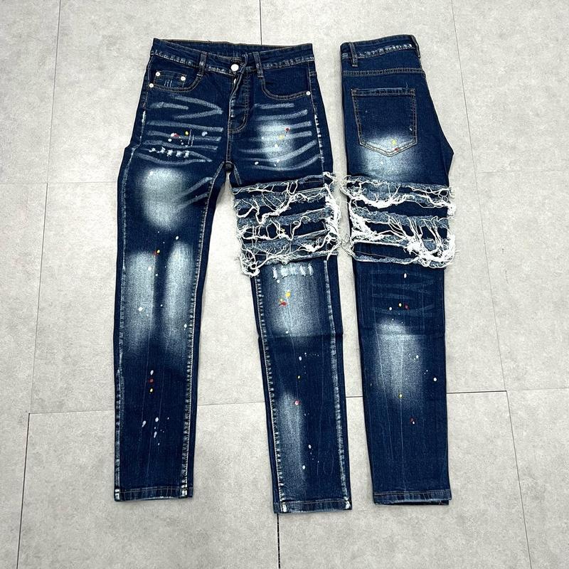 Quần Jean Nam xanh chỉ tua khuyết tật , quần vẩy sơn nhẹ