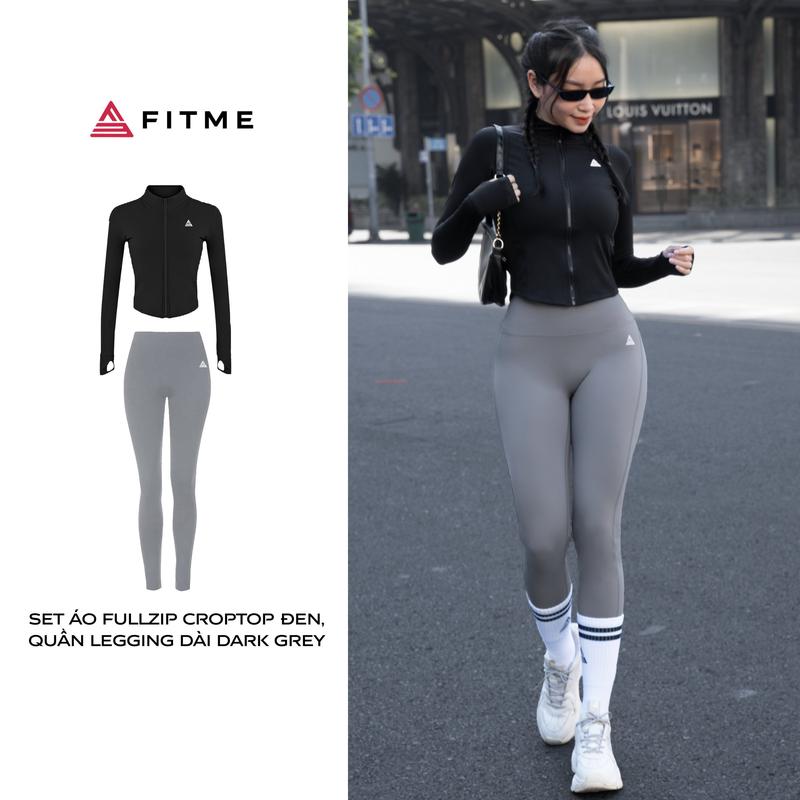 Bộ đồ tập gym yoga Fitme khoác fullzip Đen quần legging dài zeta Dark Grey
