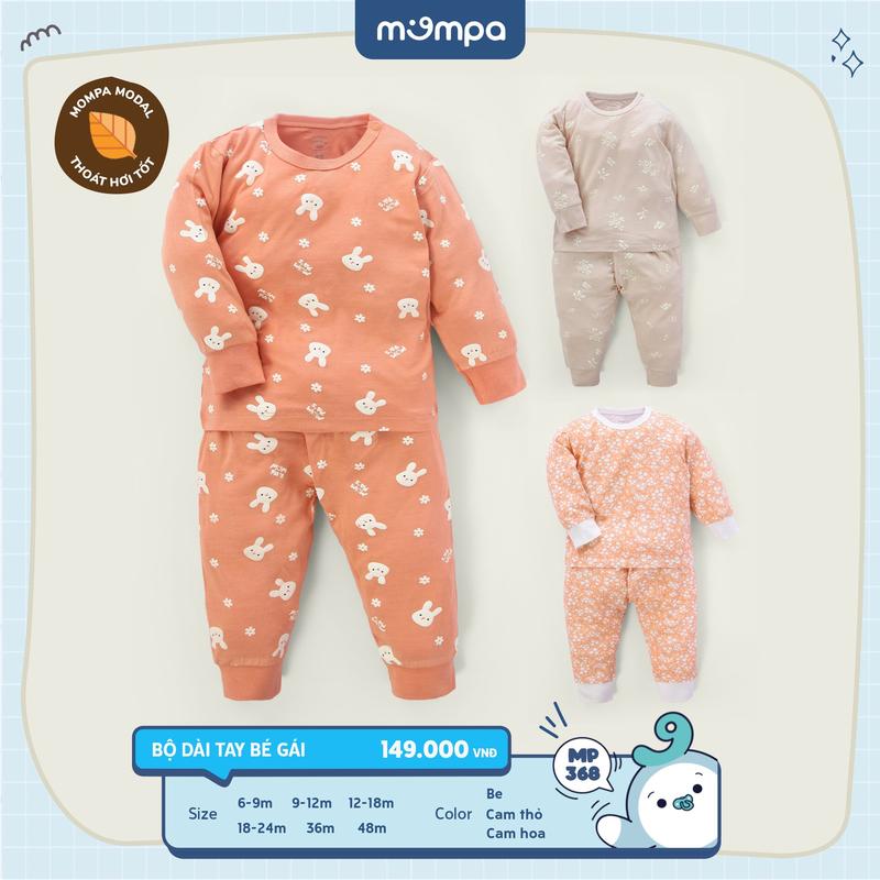 Bộ quần áo dài tay cho bé Mompa từ 6 đến 48 tháng vải Modal thấm hút co giãn cài chéo thoáng khí MP 368 + 369  [M24]