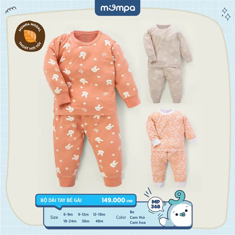 Bộ quần áo dài tay cho bé Mompa từ 6 đến 48 tháng vải Modal thấm hút co giãn cài chéo thoáng khí MP 368 [M24] 0