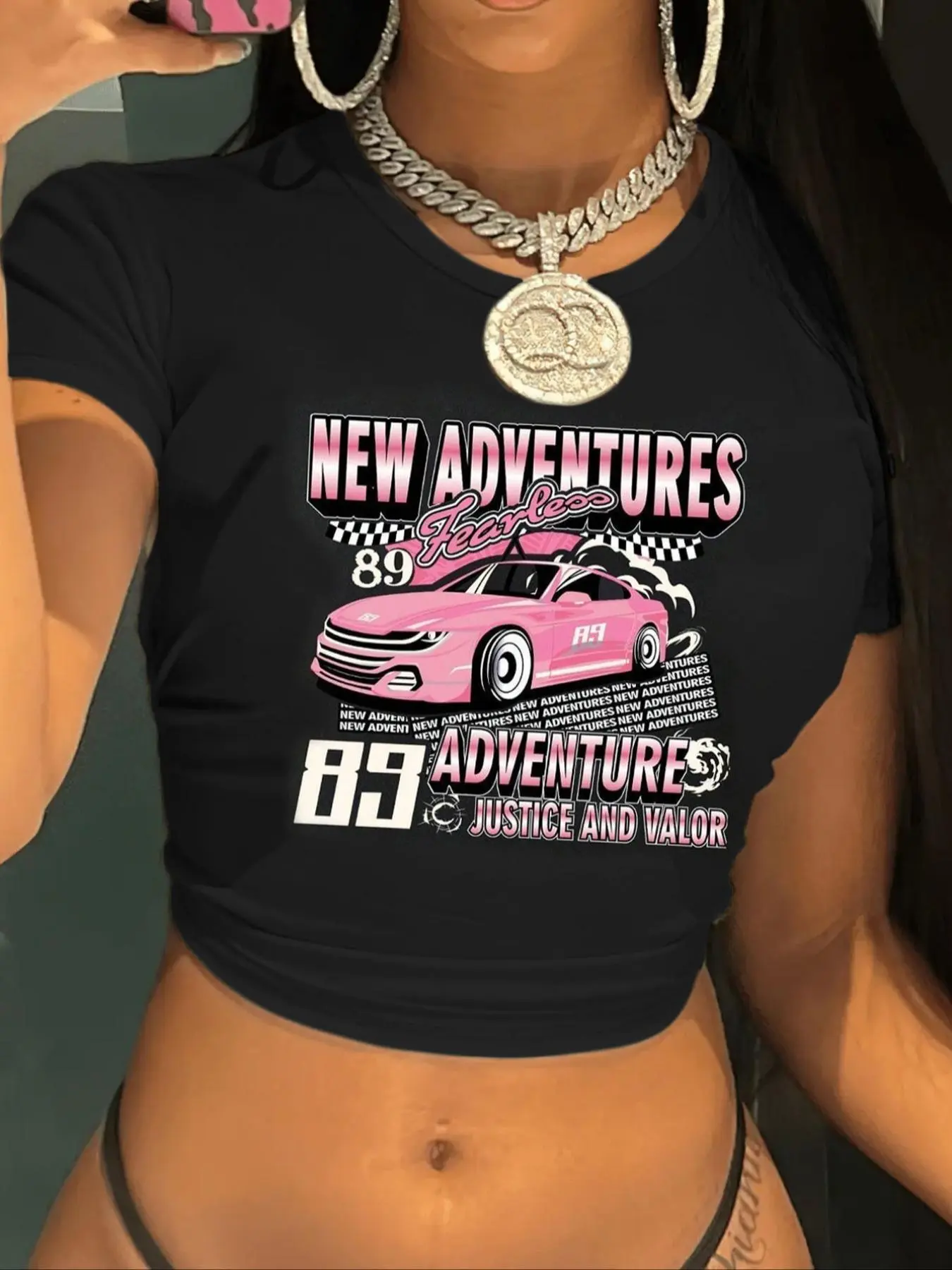 Women's Race Car & Letter Print Round Neck Crop Tee, Casual Short Sleeve Tee for Daily Wear, Ladies Clothes for Summer