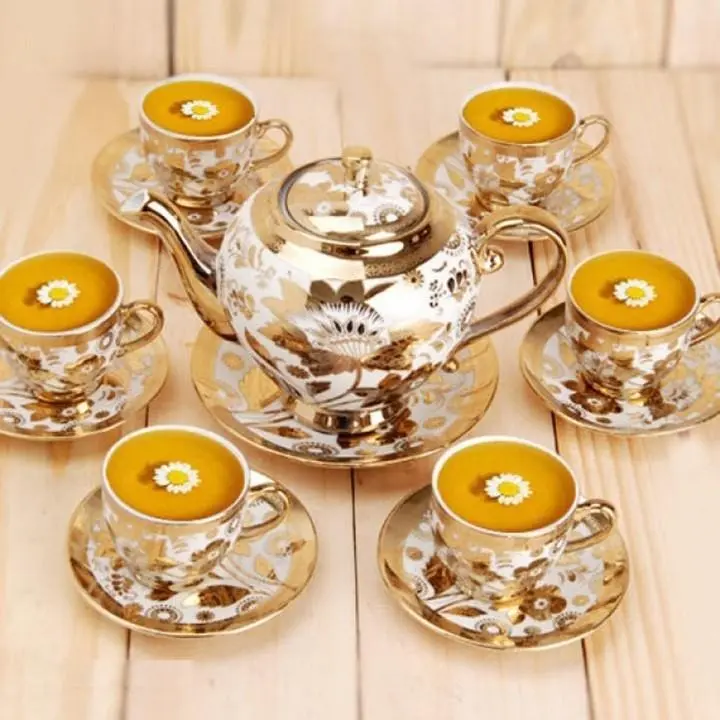 Bộ Tách Trà Nhũ Vàng Gốm Sứ Cao Cấp (1 Ấm, 6 Ly, 7 Đế Sứ) - Sang Trọng bình  trà