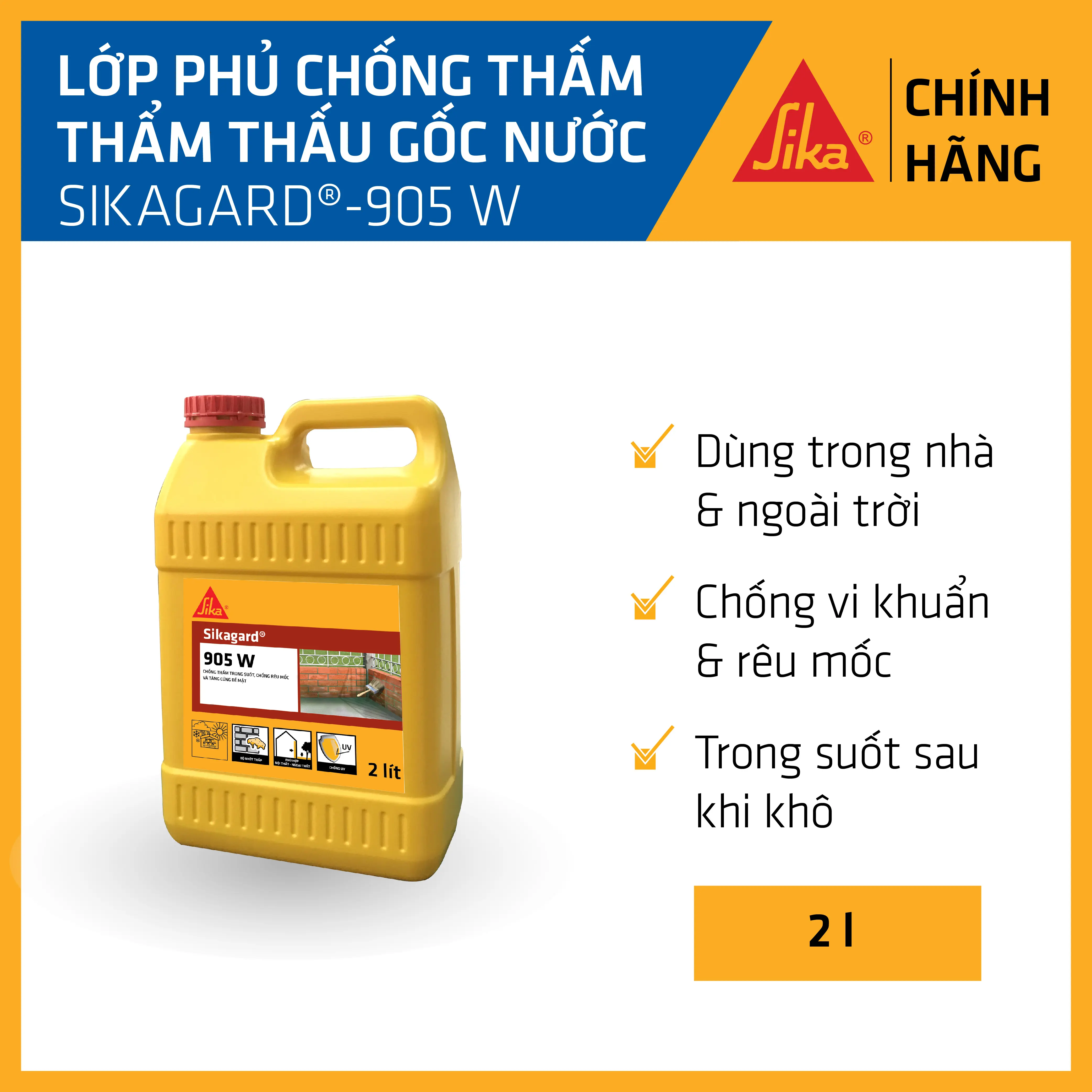 Sika - Lớp phủ chống thấm trong suốt gốc nước Sikagard  - 905 W (can 2 lít)