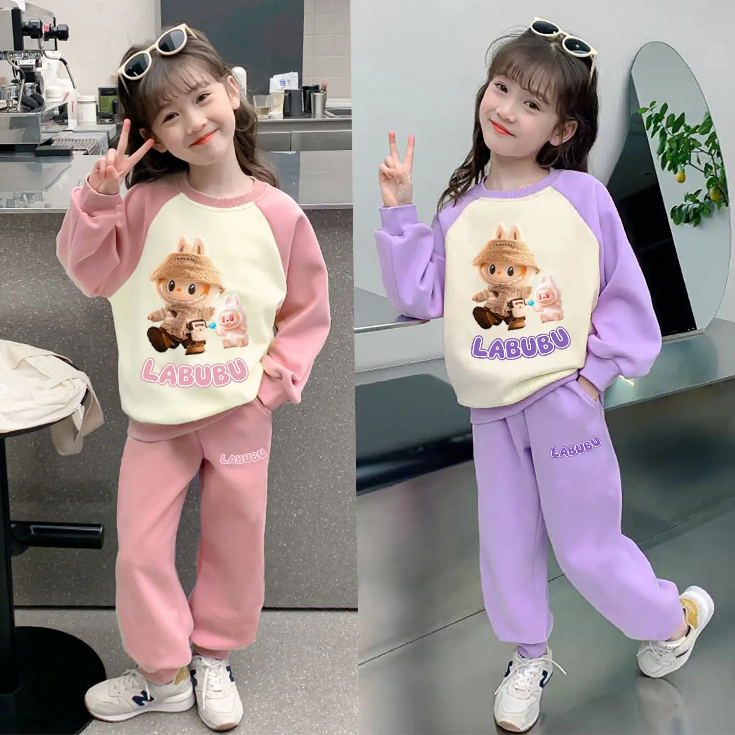 bộ quần áo thu đông bé gái 4-15 tuổi, chất dày dặn, mềm mịn. Bộ quần áo thu đông cho bé gái 15-45kg, mẫu Labubu đẹp mới nhất 2024