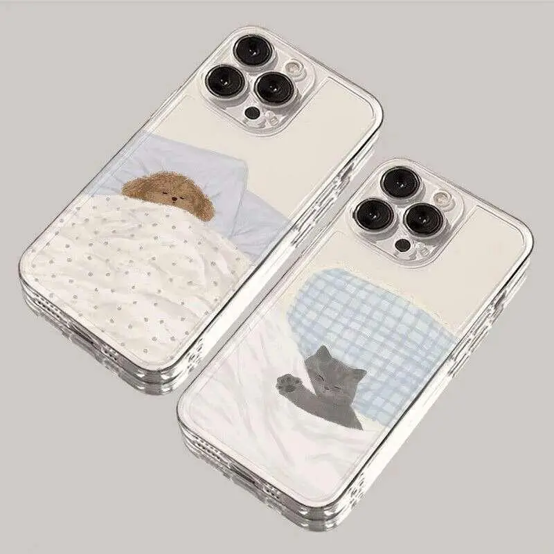 Dog Cat Couple Phone Case For iPhone 16 15 11 12 14 13 Pro Max Mini XSM XR 7 8 Plus Kawaii Cute Cartoon Animal Cellphones Cover